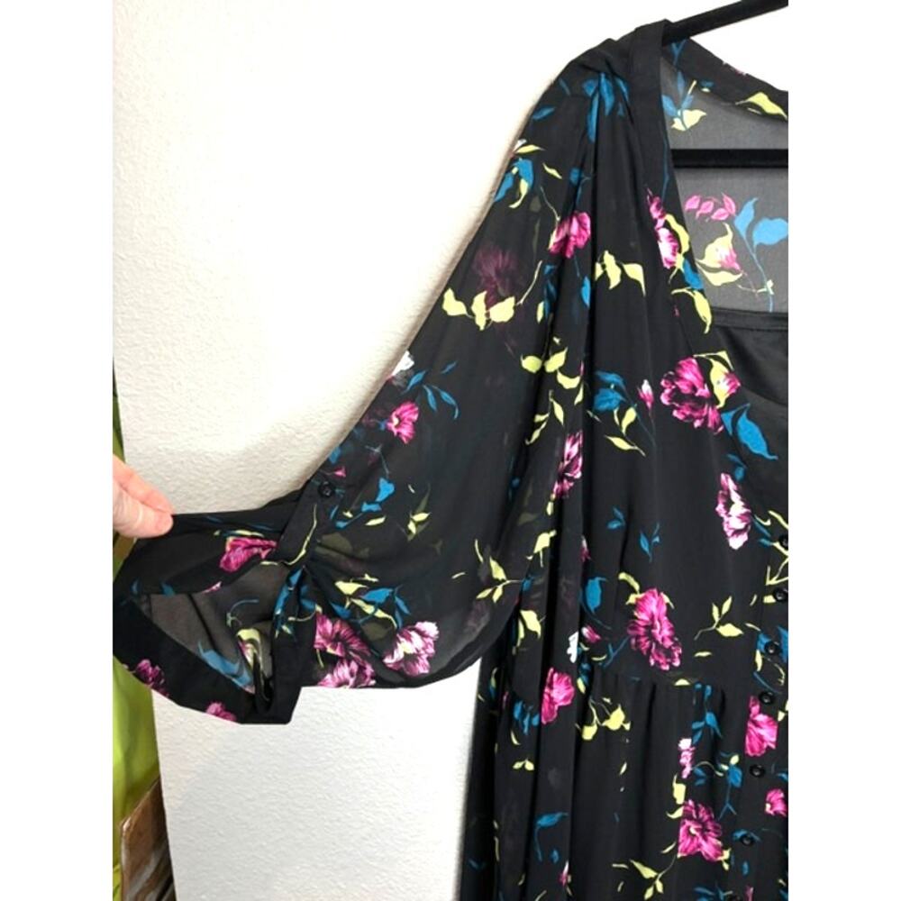 Torrid Black Floral Midi Dress Sz 4 (4XL) Tiered Chiffon Boho Flutter Sleeve - Picture 4 of 12